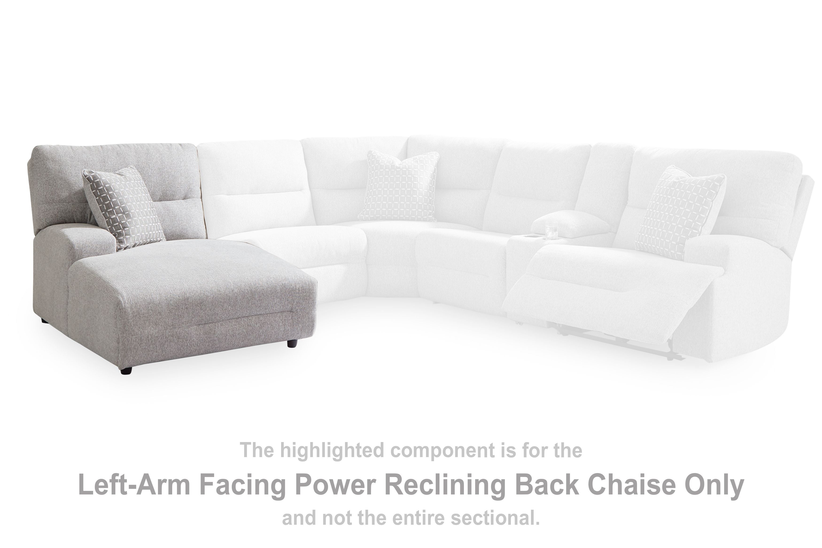 Pewter gray left-arm facing power reclining chaise section with tufted cushions