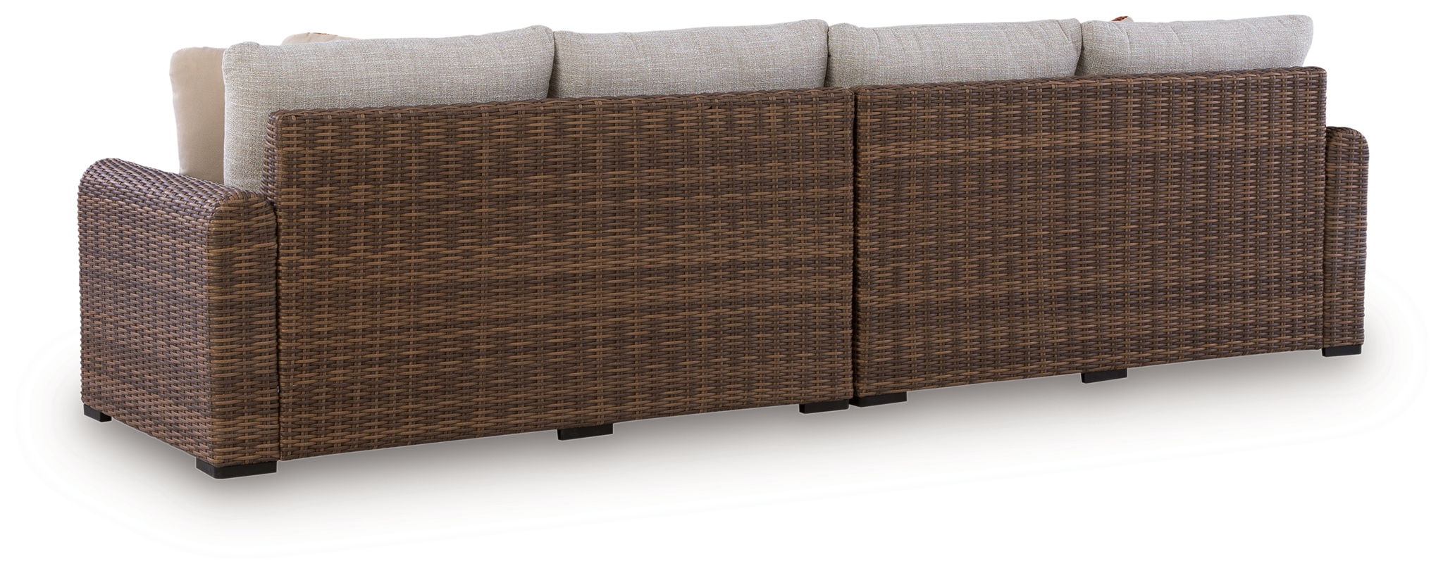 Outdoor loveseat set with brown woven frame and beige back cushions