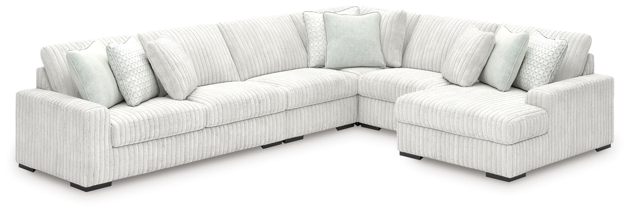 Off-white sectional sofa with corner chaise and back seat cushions.