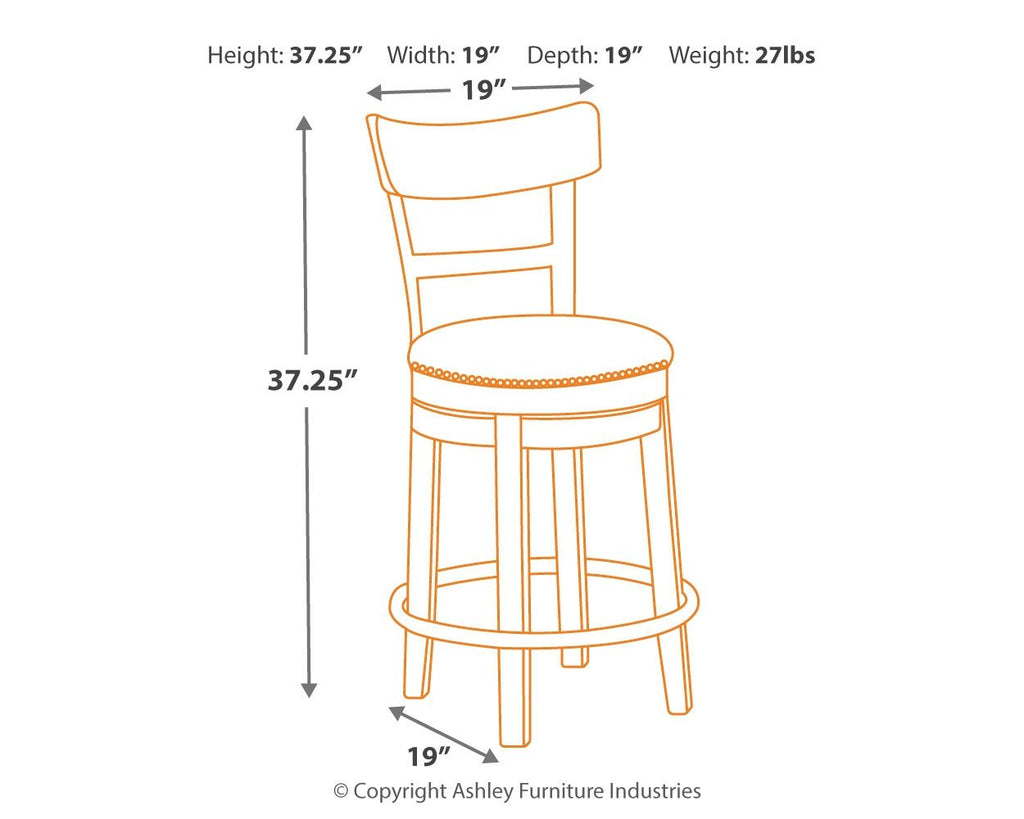 Swivel barstool diagram with dark round seat, light wood frame, and black swivel ring