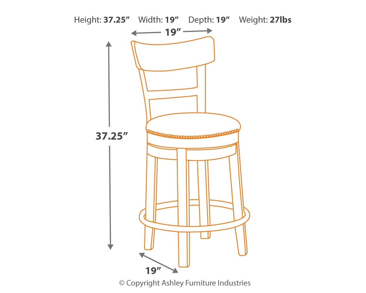 Swivel barstool diagram with dark round seat, light wood frame, and black swivel ring