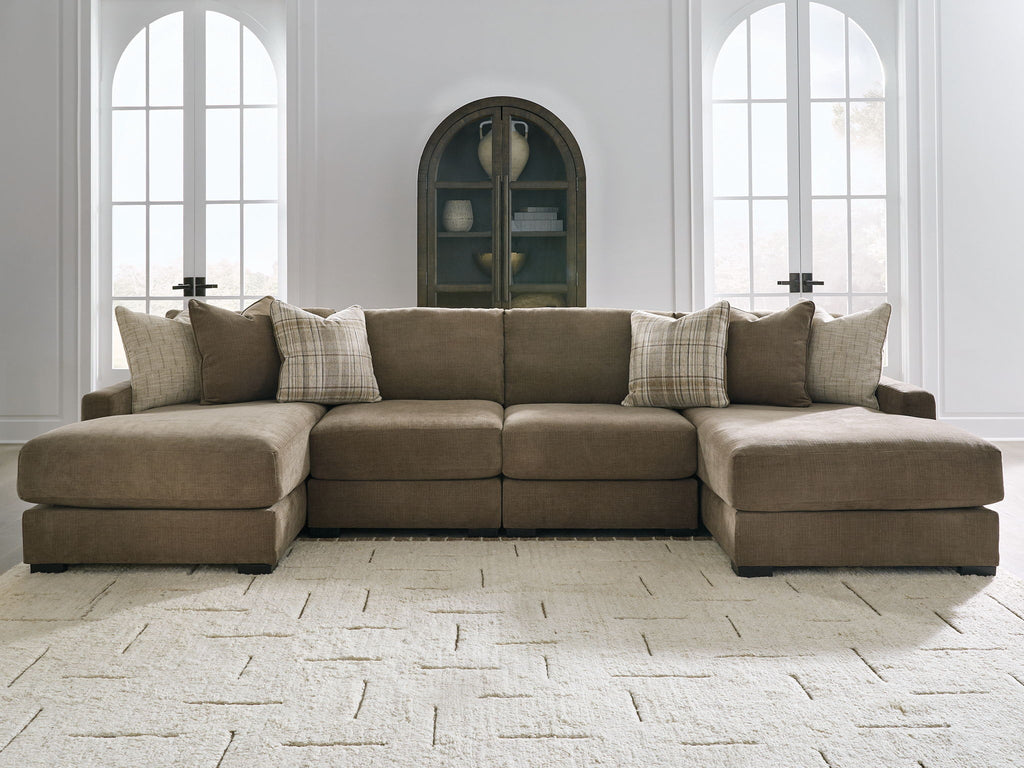Coffee-brown sectional sofa with left chaise and back cushions, plus patterned throw pillows