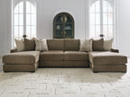 Coffee-brown sectional sofa with left chaise and back cushions, plus patterned throw pillows