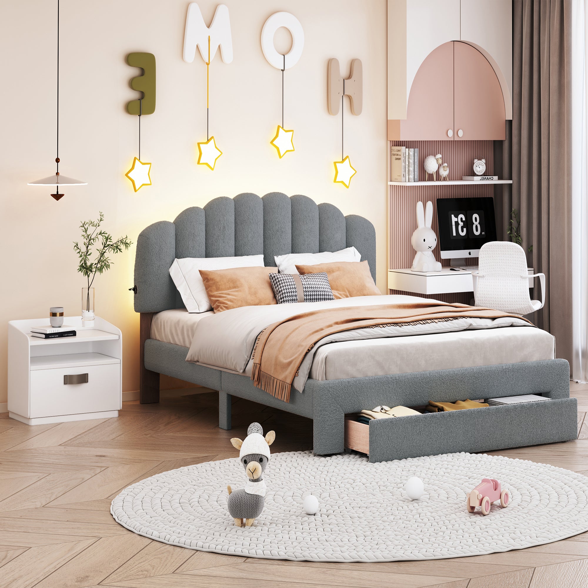 Gray Queen Platform Bed w/Drawer & Teddy Fleece