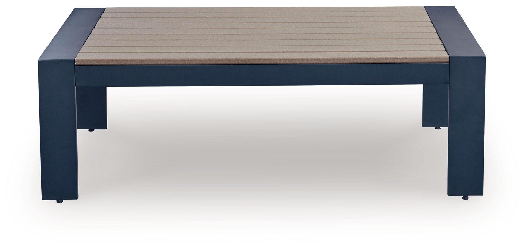 Blue rectangular cocktail table with slatted beige top and dark legs