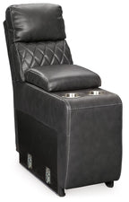 Dark gray upholstered storage console chair with cupholders and casters