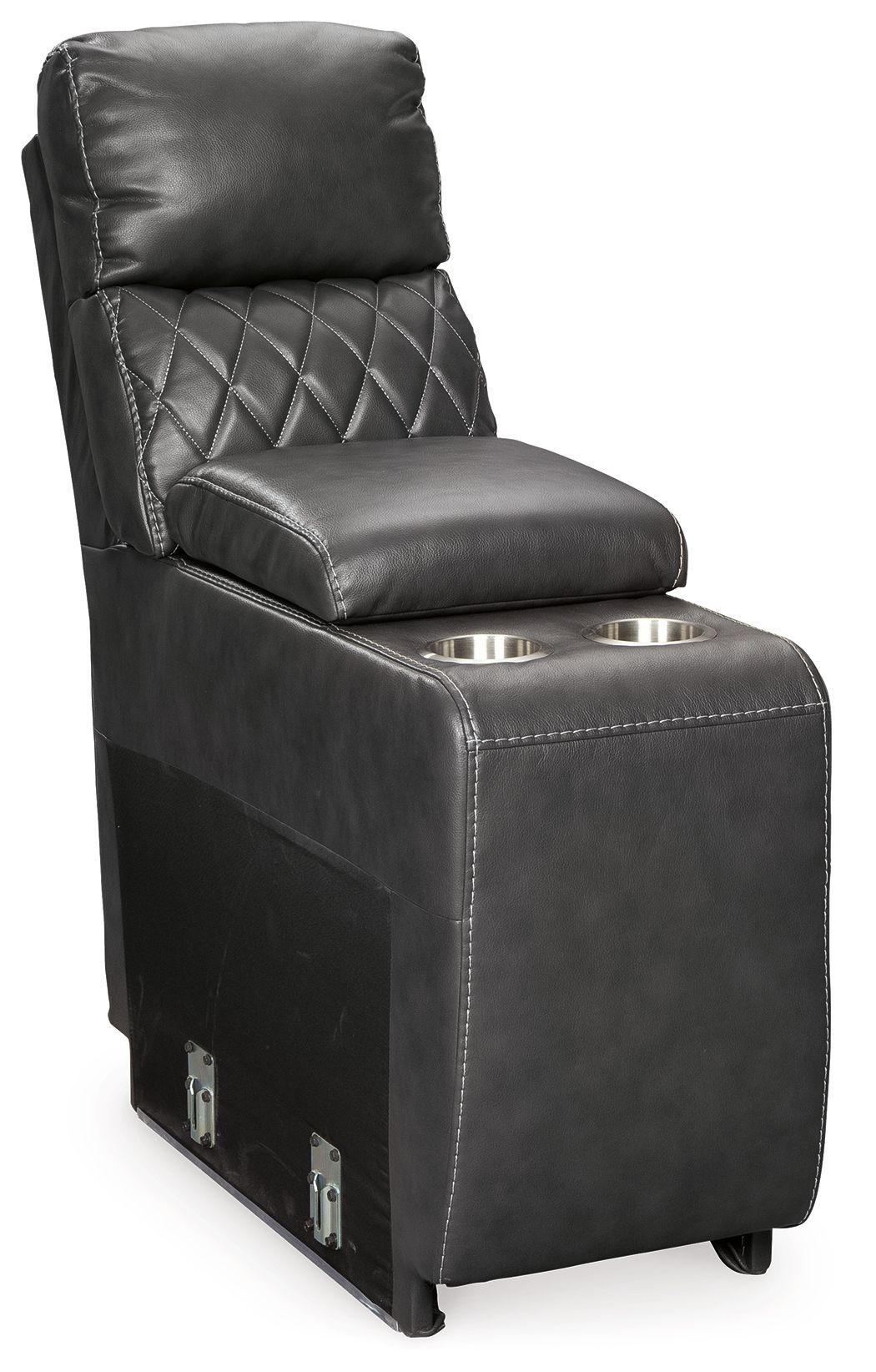 Dark gray upholstered storage console chair with cupholders and casters