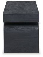 Black accent bench with textured rectangular top and solid cubed base