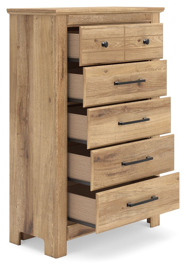 Light brown five-drawer chest with black bar handles and visible side panel