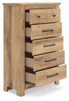 Light brown five-drawer chest with black bar handles and visible side panel