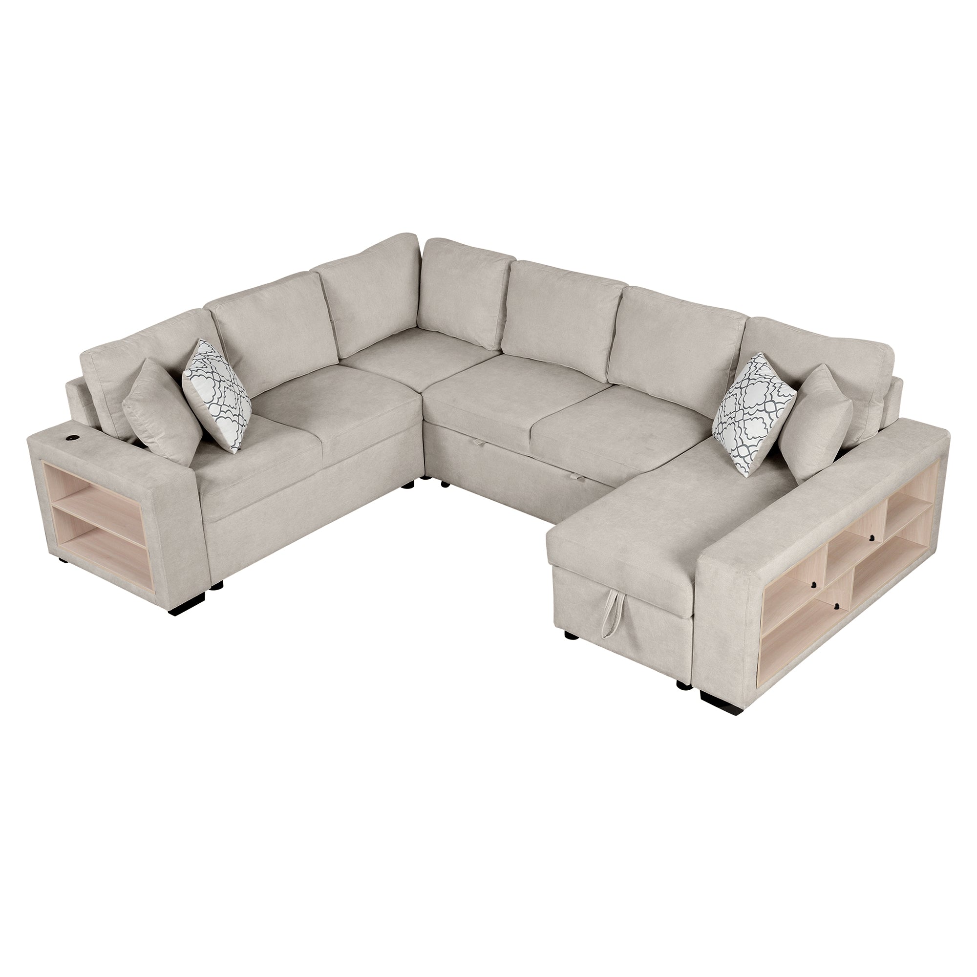 Beige Chenille U-Sectional Sofa | Bed, Storage, USB Ports