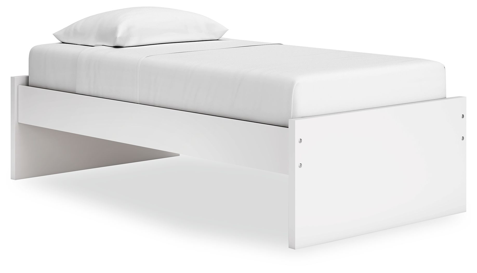White platform bed with open side storage compartment and upholstered top surface