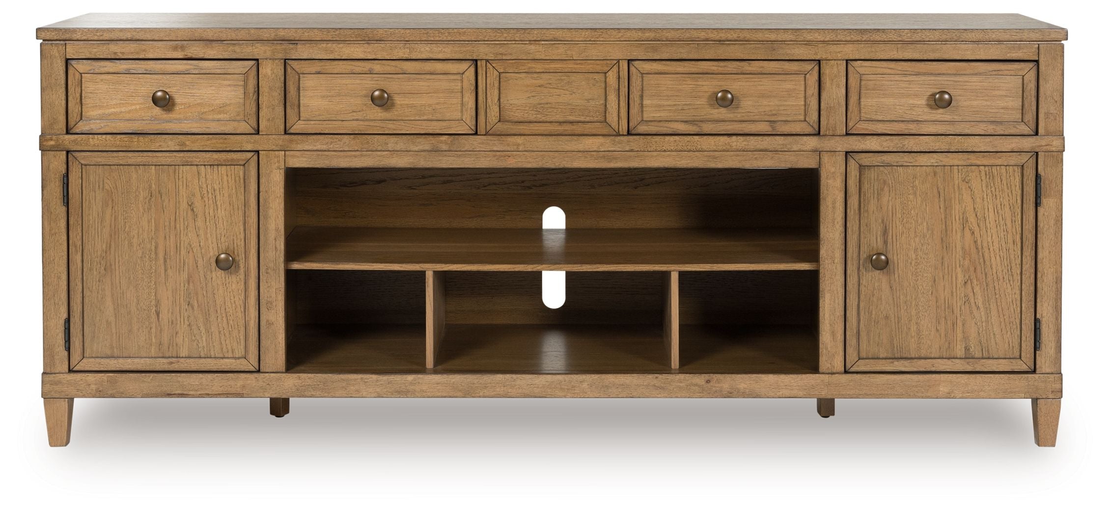 Light brown wooden TV stand with fireplace insert, central open shelves, three drawers