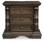 Dark brown three-drawer night stand, front view with round knob pulls