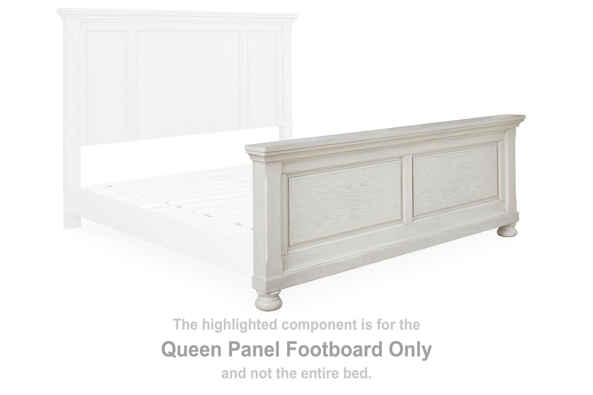 Antique white queen panel footboard with raised center panels and rounded feet.