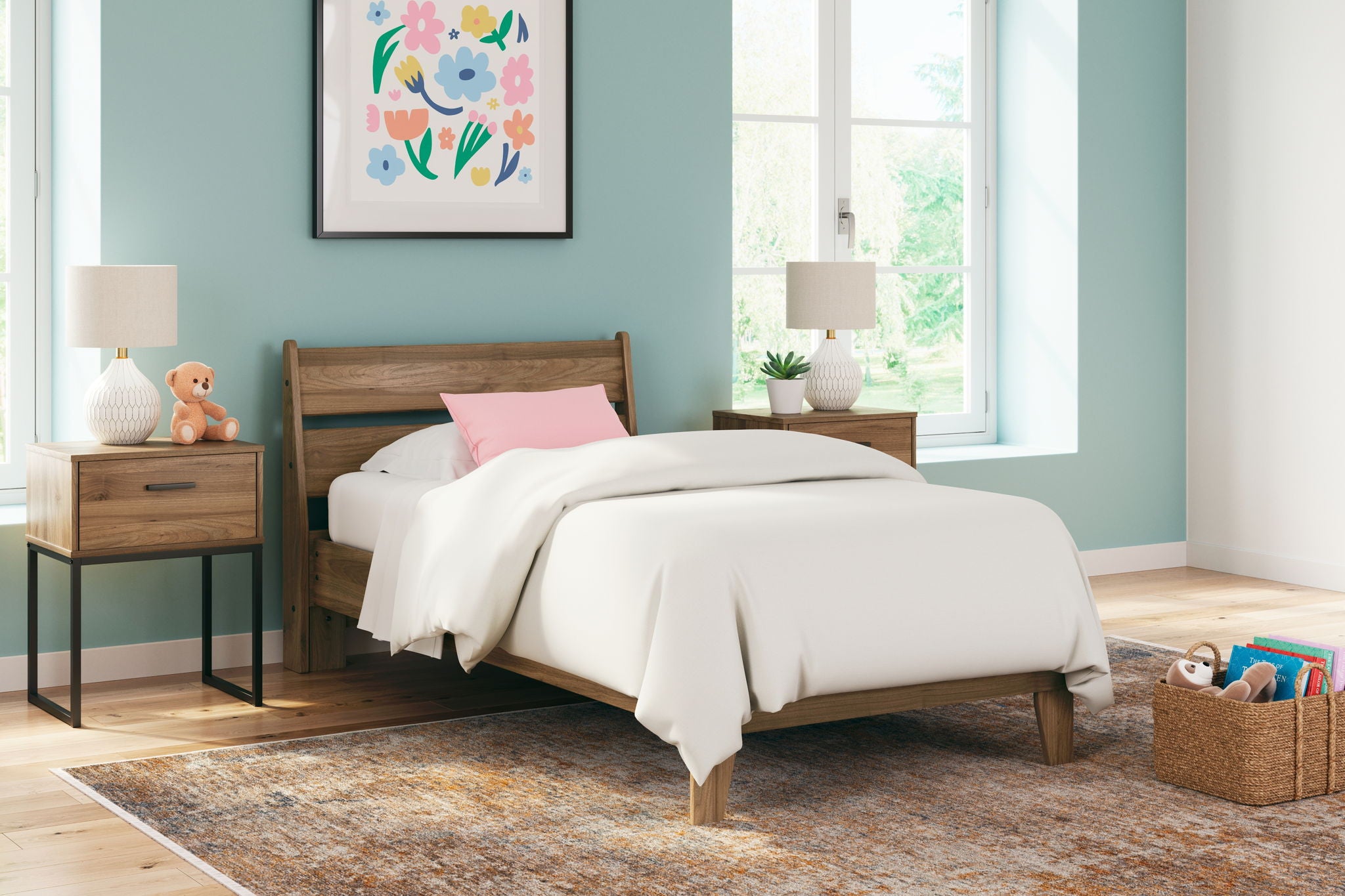 Light brown bed with two matching nightstands