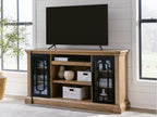 Light brown TV stand with mounted TV, glass doors, and electric fireplace insert with embers.