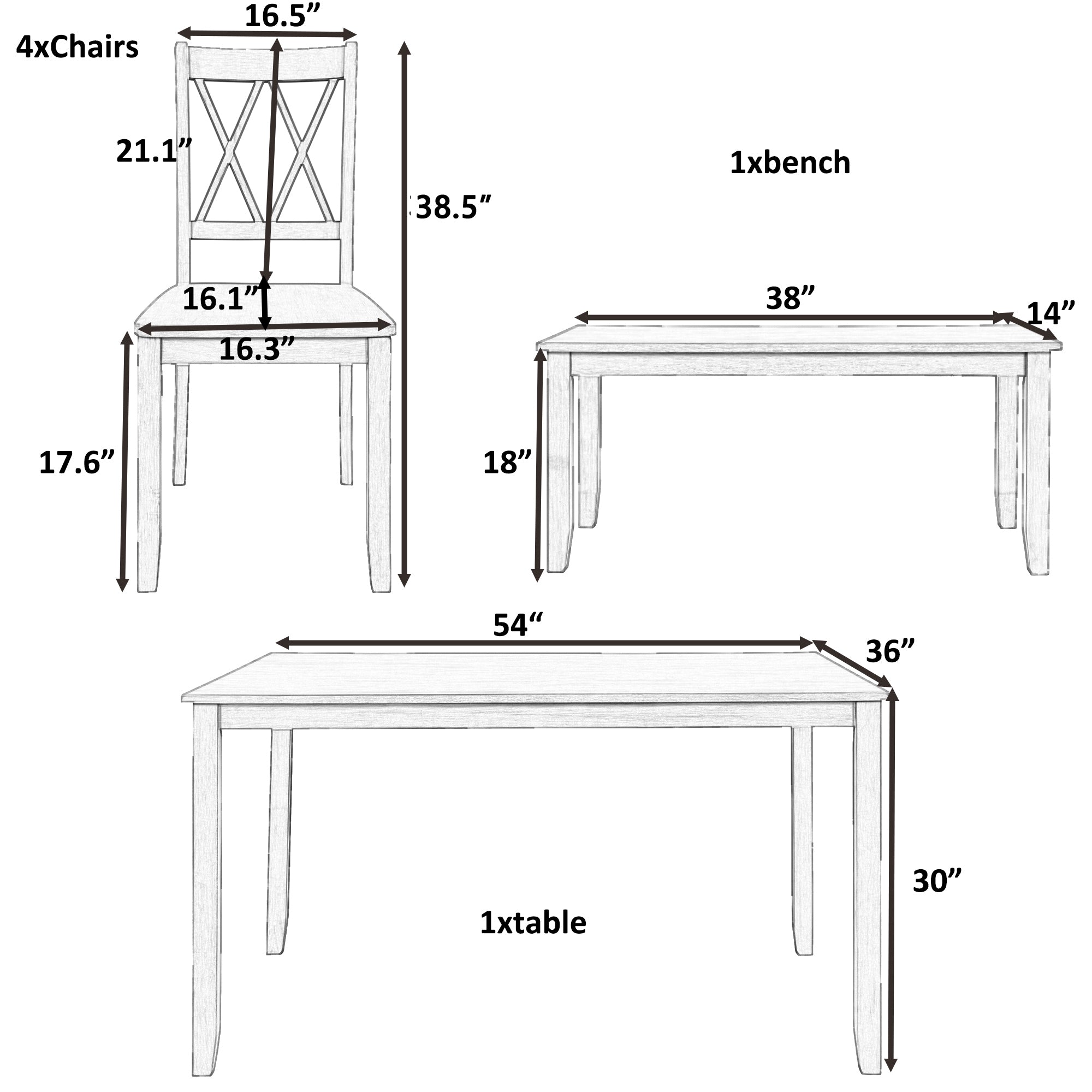 Farmhouse Dining Set, 6-Piece Rustic Kitchen Table w/Bench