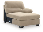 Sand corduroy corner chaise with padded arm and tufted back, black feet