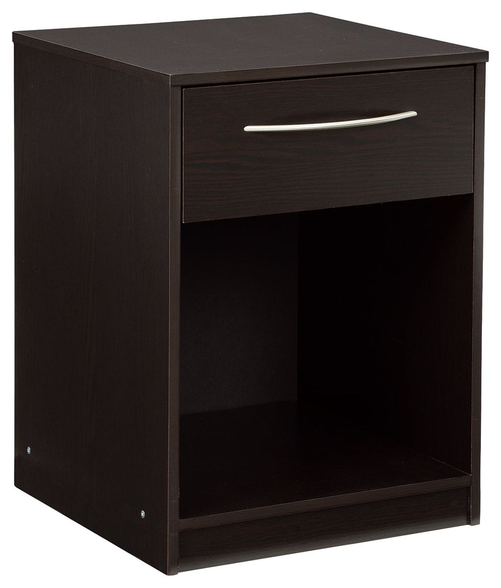 Dark wood one-drawer night stand with open lower shelf and silver bar handle