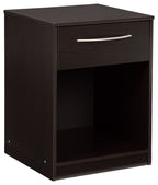 Dark wood one-drawer night stand with open lower shelf and silver bar handle