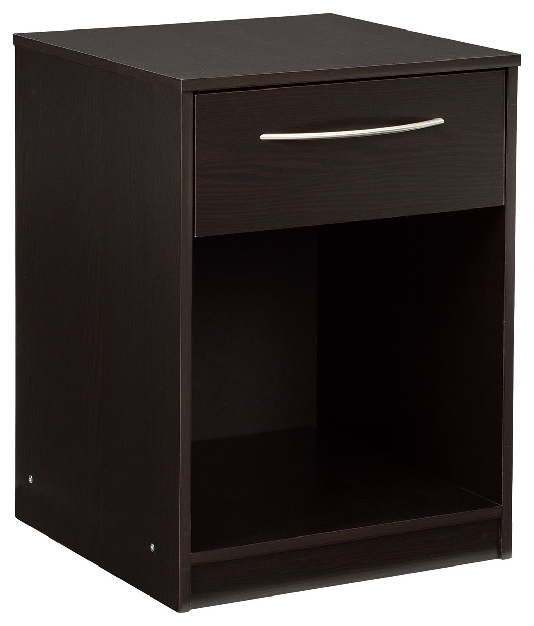 Dark wood one-drawer night stand with open lower shelf and silver bar handle