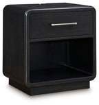 Rowanbeck black one-drawer night stand with curved corners and bar pull, open shelf