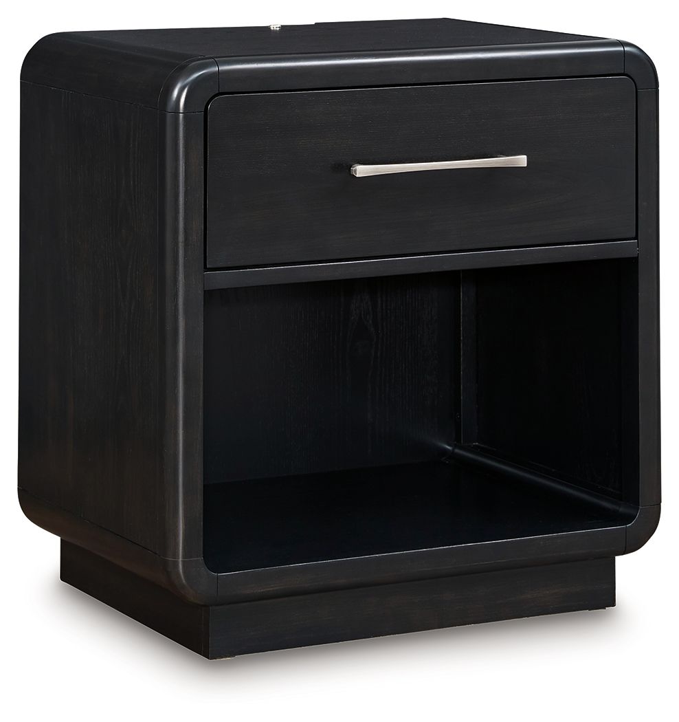 Rowanbeck black one-drawer night stand with curved corners and bar pull, open shelf