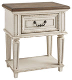 Distressed white night stand with brown wood top and drawer with two black hooks