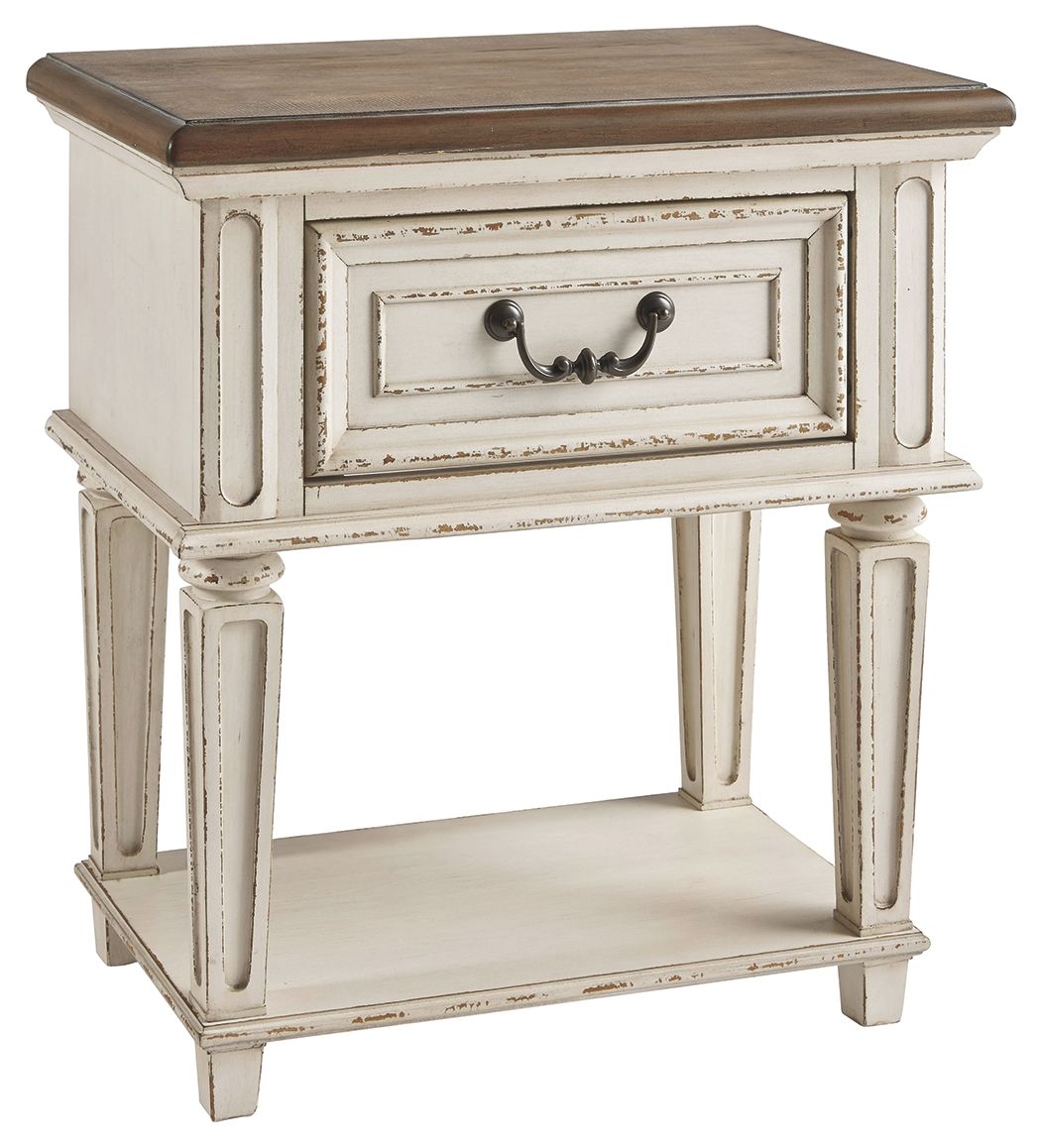 Distressed white night stand with brown wood top and drawer with two black hooks