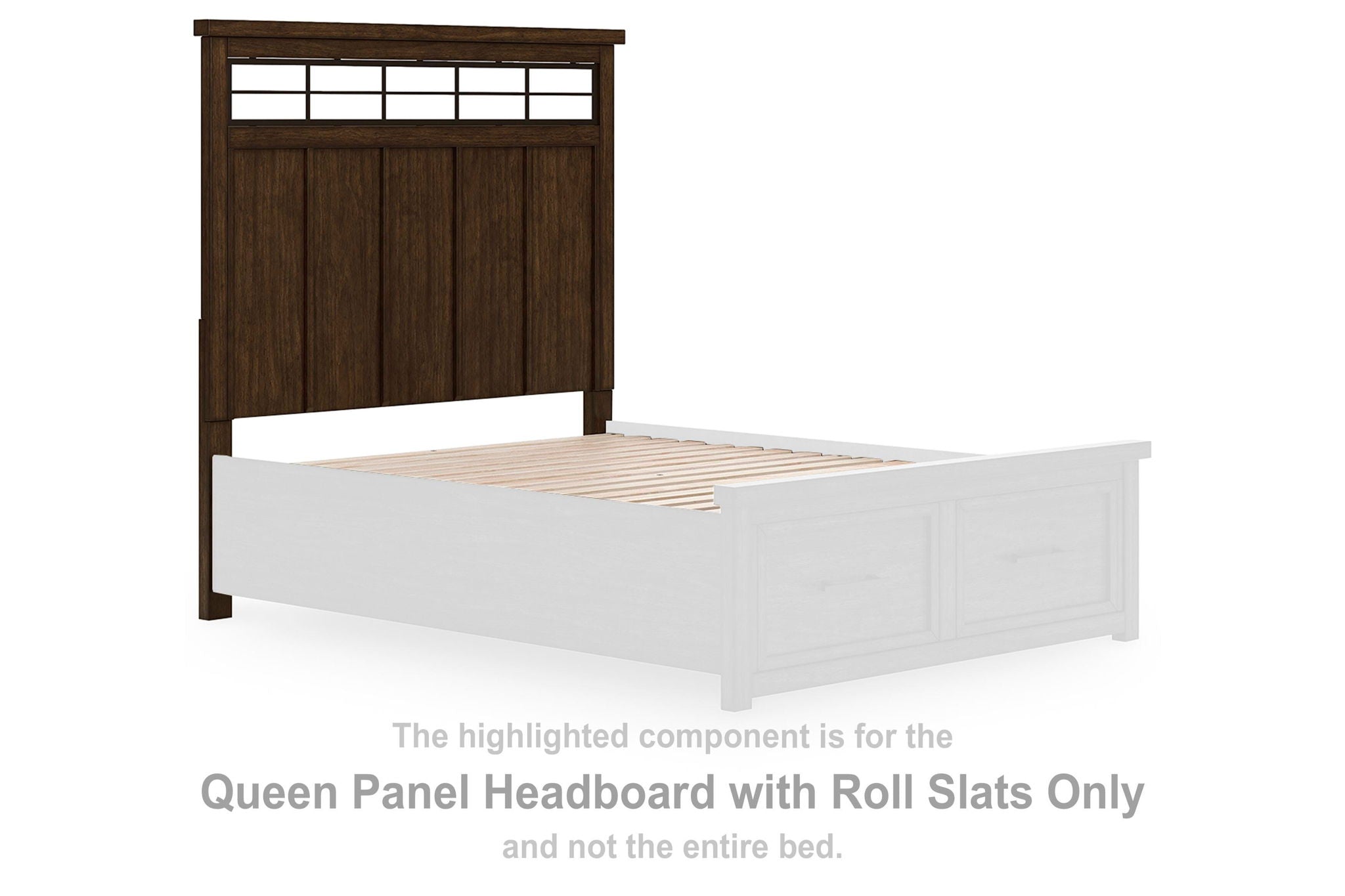 Queen panel wooden headboard with roll slats, medium brown, with top slat detail