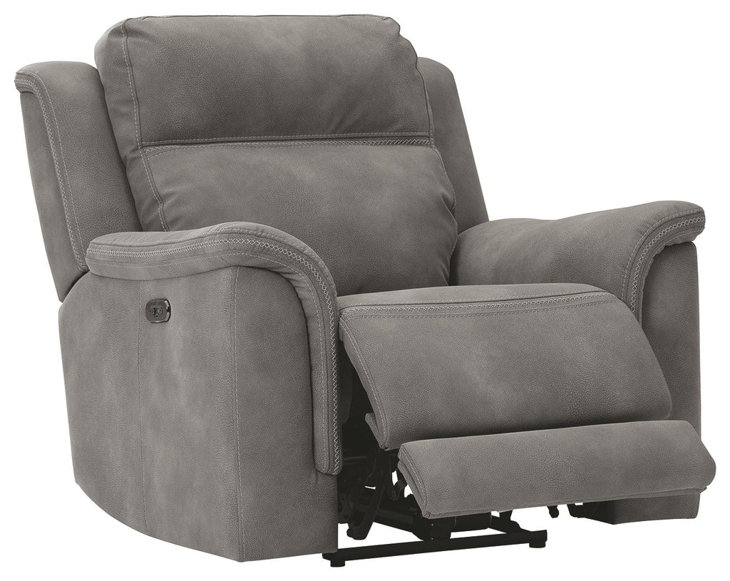 Slate gray power recliner chair with extendable footrest and tall back