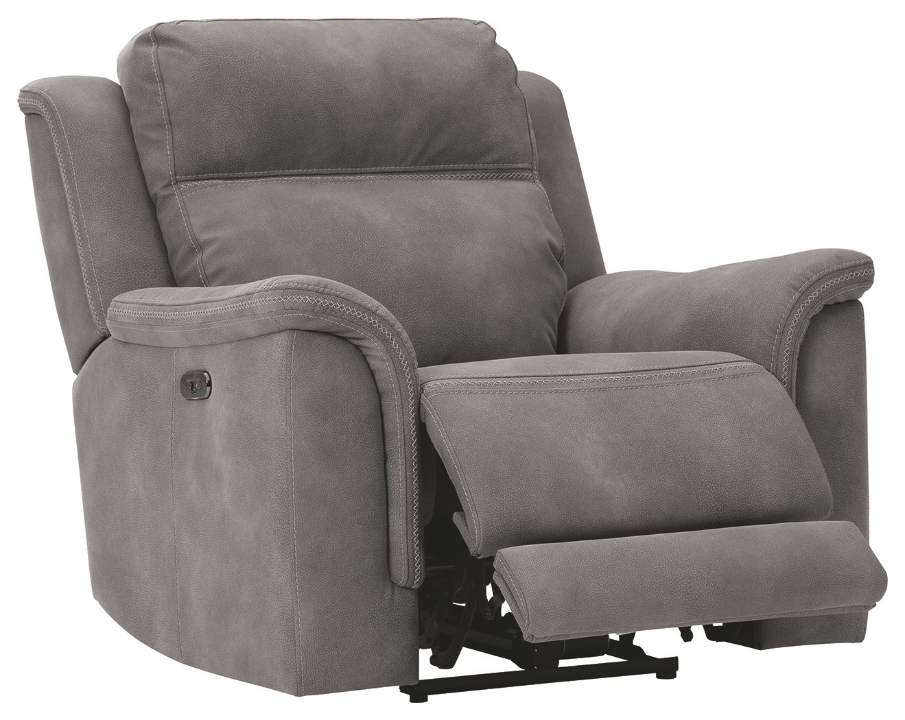 Slate gray power recliner chair with extendable footrest and tall back