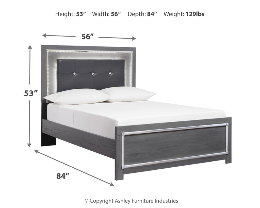 Gray bed frame with dark tufted headboard and front storage drawer; size diagram