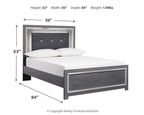 Gray bed frame with dark tufted headboard and front storage drawer; size diagram