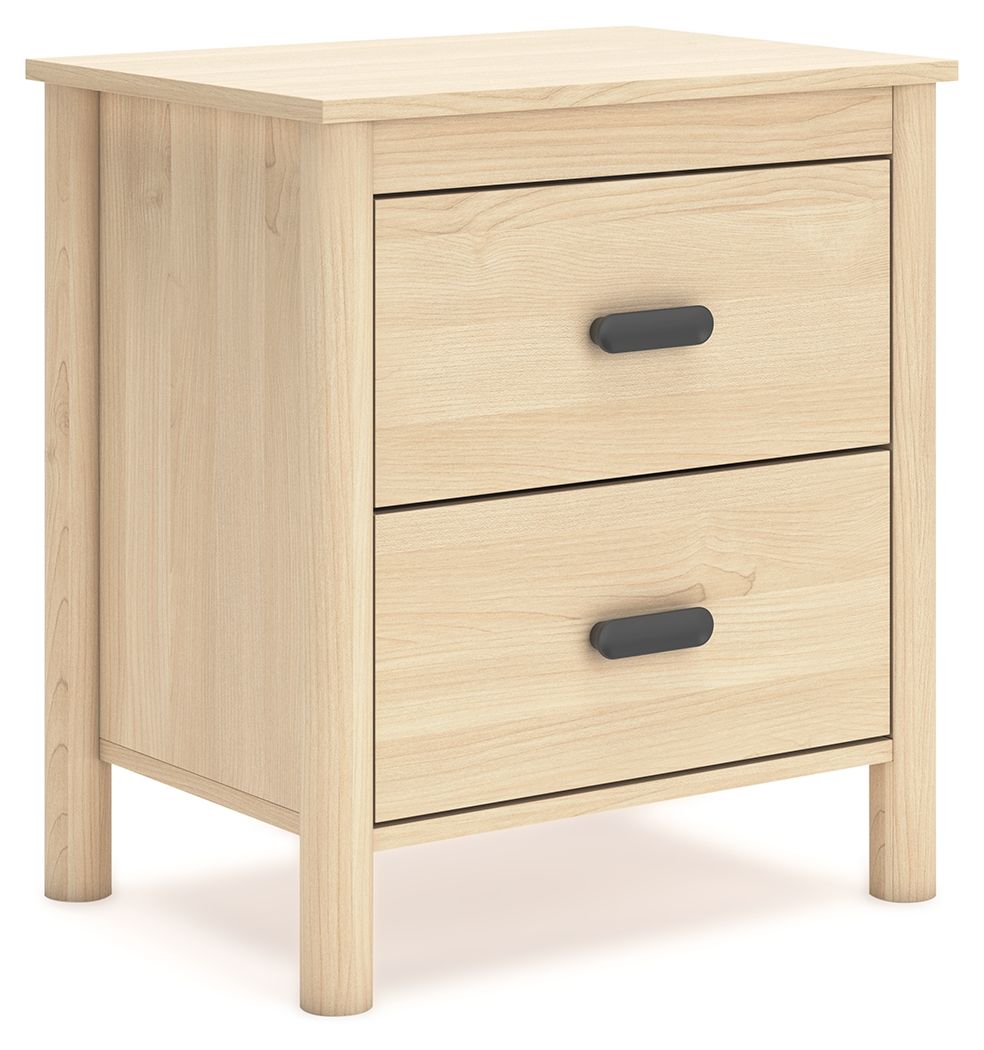 Light tan wood two-drawer nightstand with black handles and smooth drawer fronts