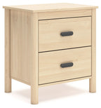 Light tan wood two-drawer nightstand with black handles and smooth drawer fronts