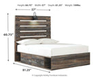 Dark wood panel bed with slatted headboard, two drawer fronts, white mattress and pillows