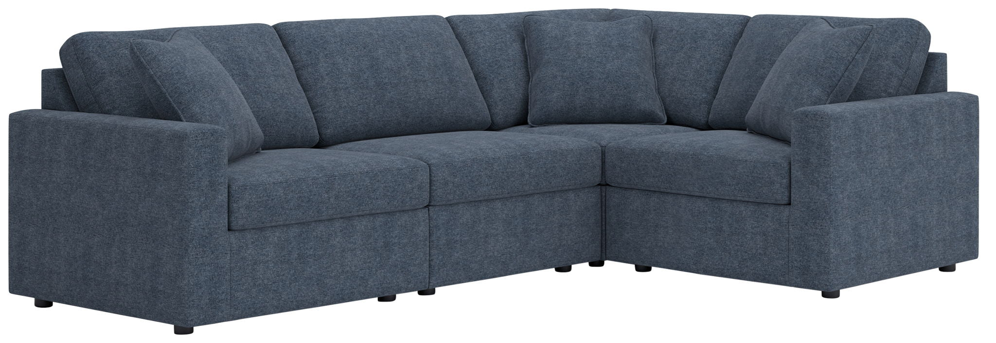 Blue L-shaped sectional sofa with buttonless back cushions and armrests