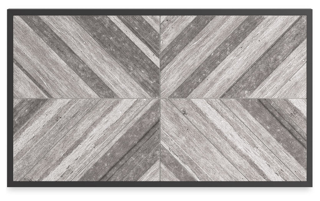 Rectangular tabletop in light gray with wood-look pattern and black frame