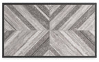 Rectangular tabletop in light gray with wood-look pattern and black frame