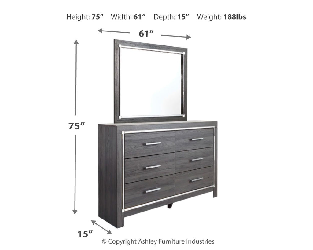 Gray dresser with mirror and six drawers, each with silver bar pulls