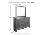 Gray dresser with mirror and six drawers, each with silver bar pulls