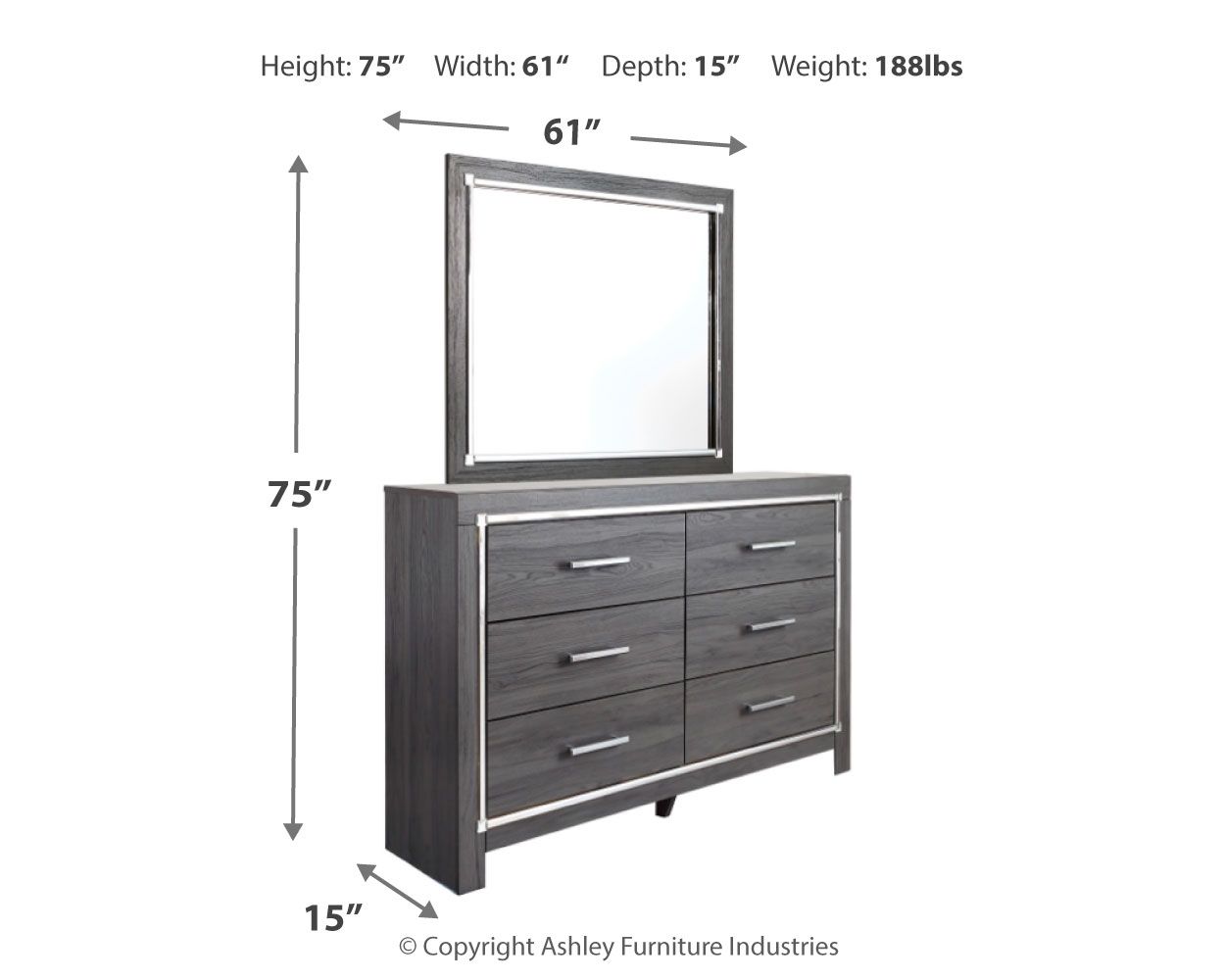 Gray dresser with mirror and six drawers, each with silver bar pulls