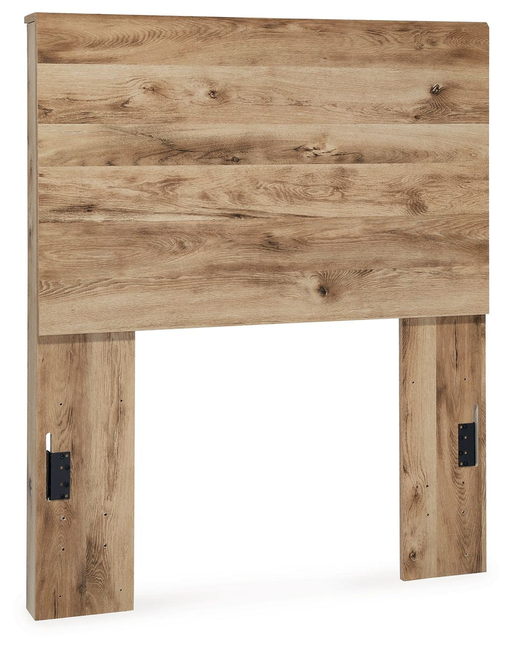 Beige wood panel headboard with two dark side mounting brackets