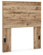 Beige wood panel headboard with two dark side mounting brackets