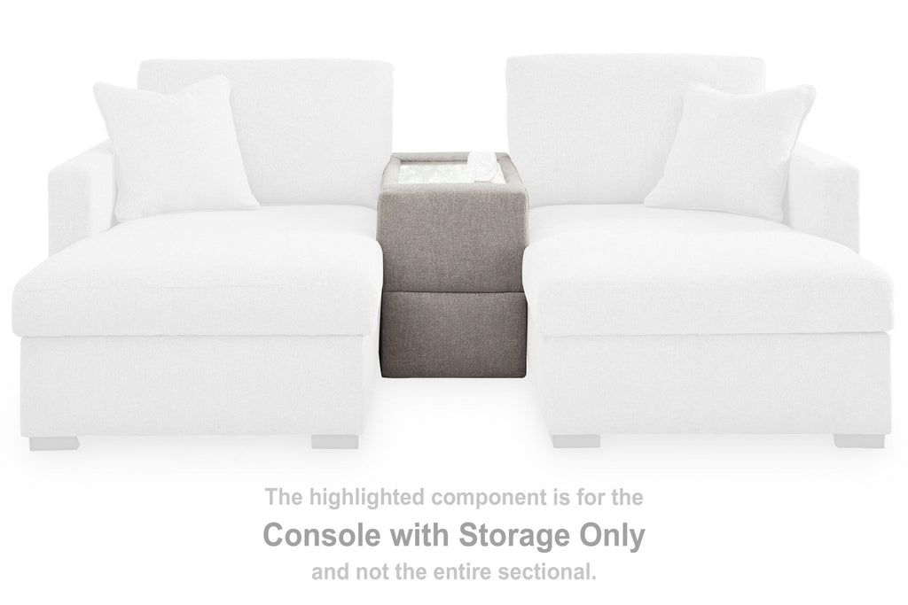 Light gray console-with-storage piece in a sectional, with visible front panel
