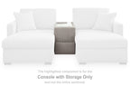 Light gray console-with-storage piece in a sectional, with visible front panel