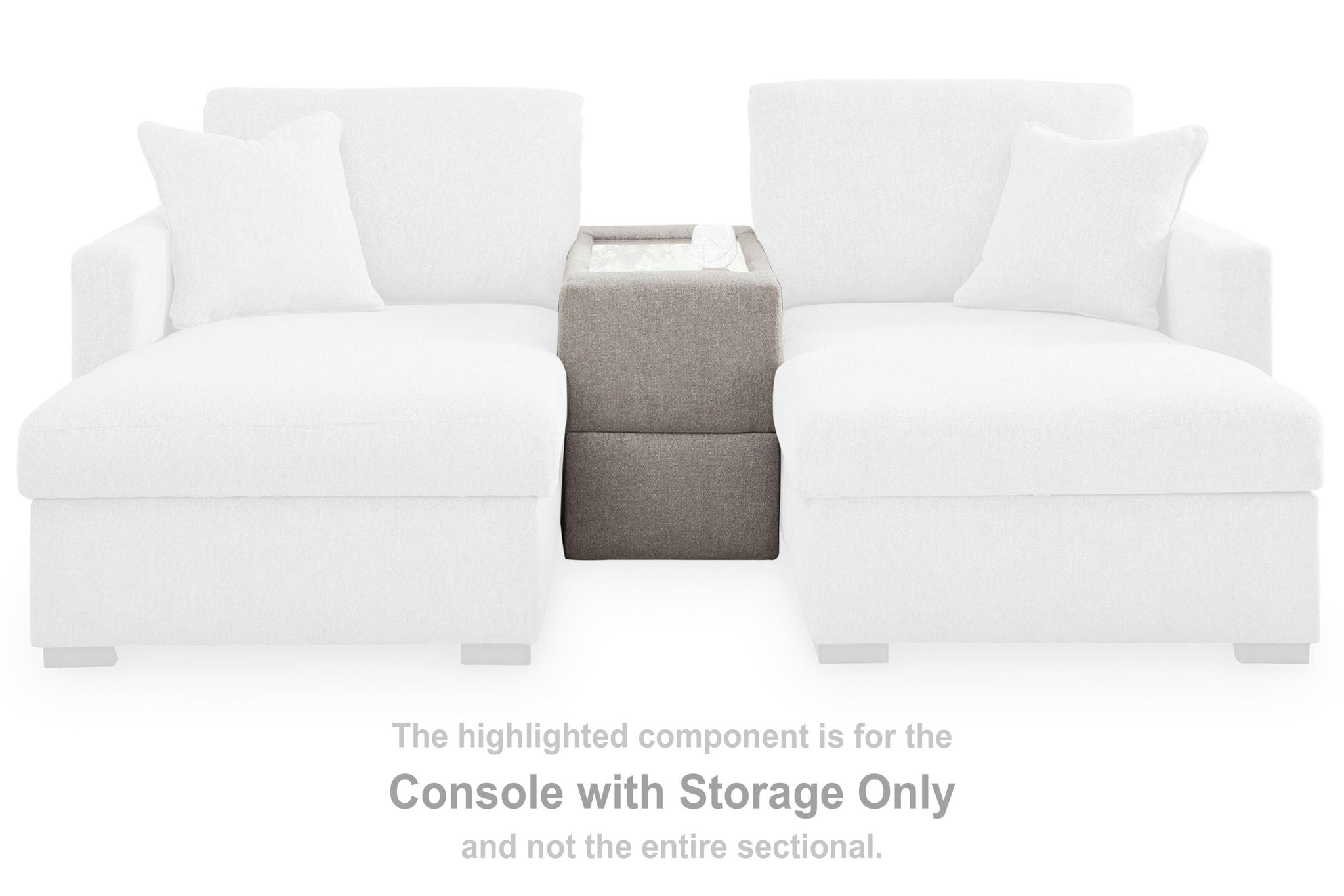 Light gray console-with-storage piece in a sectional, with visible front panel