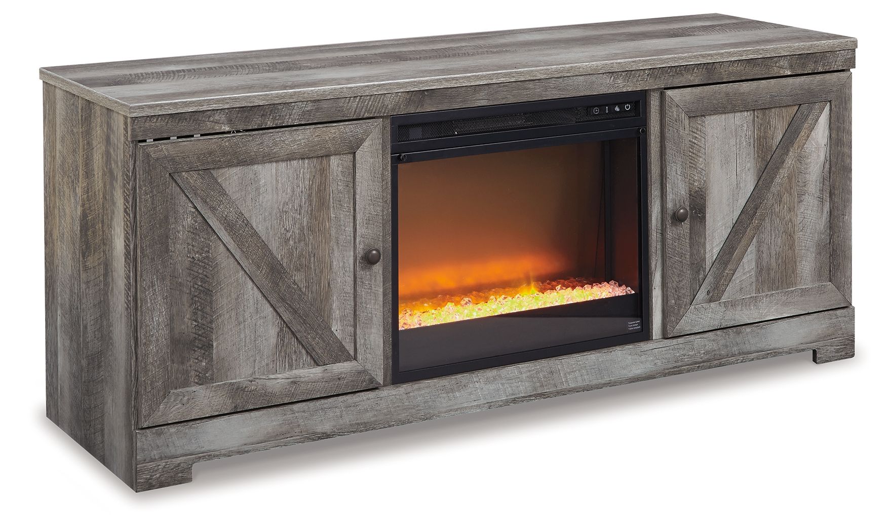 Gray 63" TV stand with glass-front fireplace insert and two cabinet doors
